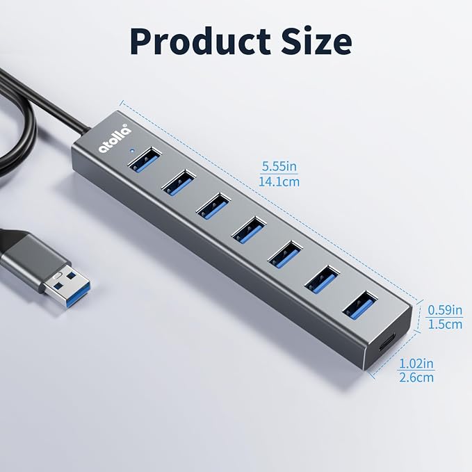 atolla Aluminum 7-Port USB 3.0 Hub with 1m Extension Cable - 5Gbps High-Speed Data Transfer for MacBook Pro, Laptop, PC, Gaming Setup-Gray