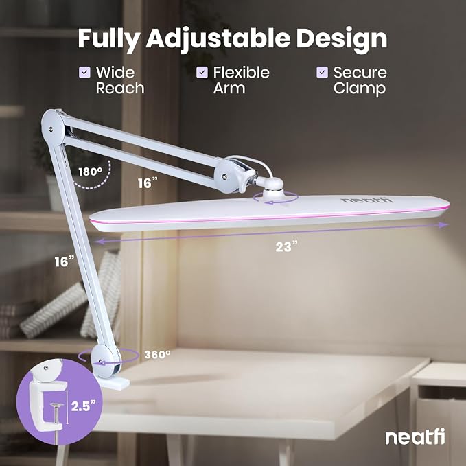 Neatfi XL 2,200 Lumens 24W LED Desk Lamp – 23” Wide Shade | Dimmable Eye-Caring Task Light | Adjustable Arm | Home Office, Study, Crafts & Nail Tech (White with Pink Ring, Non-CCT with Clamp)