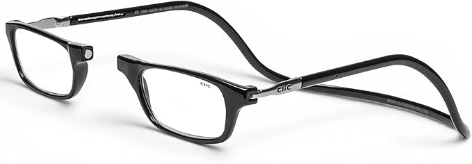 Clic Magnetic Reading Glasses - Adjustable Neck Hanging Readers - Secure Fit with Rigid Headband - Original (S-M, Black, 1.25)