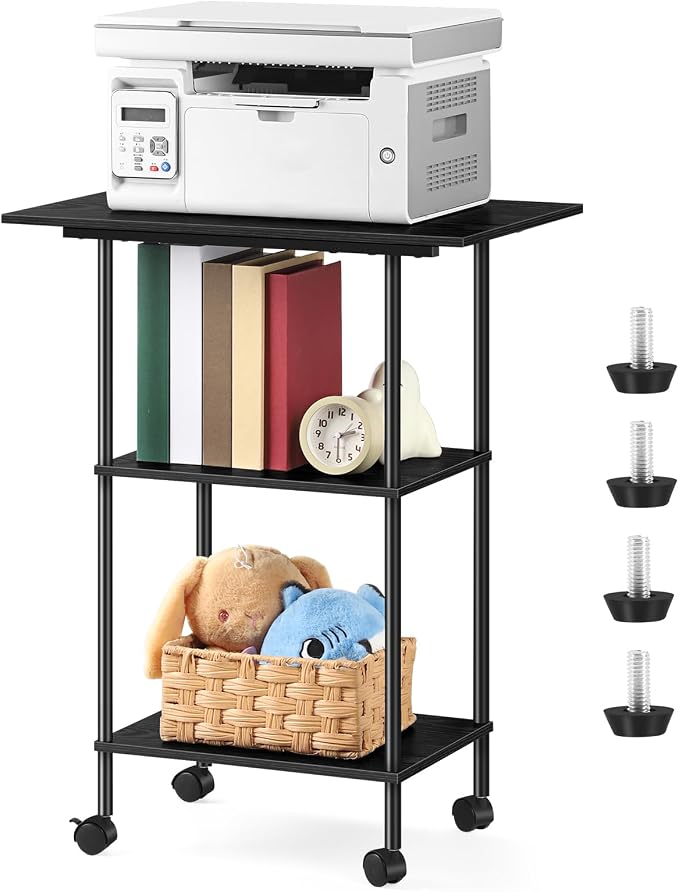 Black Modern Printer Stand with Storage 3 Tier Rolling Cart, Large Printer Table for Home Office, Multi-Level Storage, Compatible with Printers, Scanners, Office Supplies
