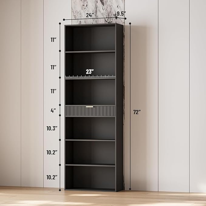 72" Tall Bookshelf with Storage, 7-Tier Bookcase Fluted with Drawer, Display Book Shelf Book Organizer with Anti-tip Device, Home Decor Wood Furniture for Bedroom, Living Room and Office, Black