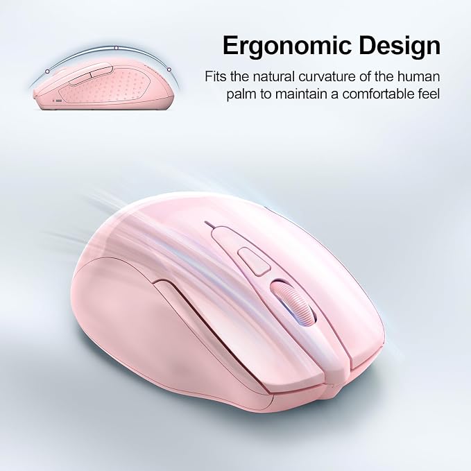 TECKNET Wireless Mouse (2.4G & BT5.0/3.0) Silent 4800 DPI Computer USB A & Bluetooth Mouse 6 Buttons, Wide Compatibility - Pink