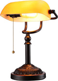 TORCHSTAR Amber Glass Bankers Desk Lamp with Pull Chain, E26 Base | Retro Weighted Base, Antique Traditional Library Lamp for Office Study Room, Bulbs not Included
