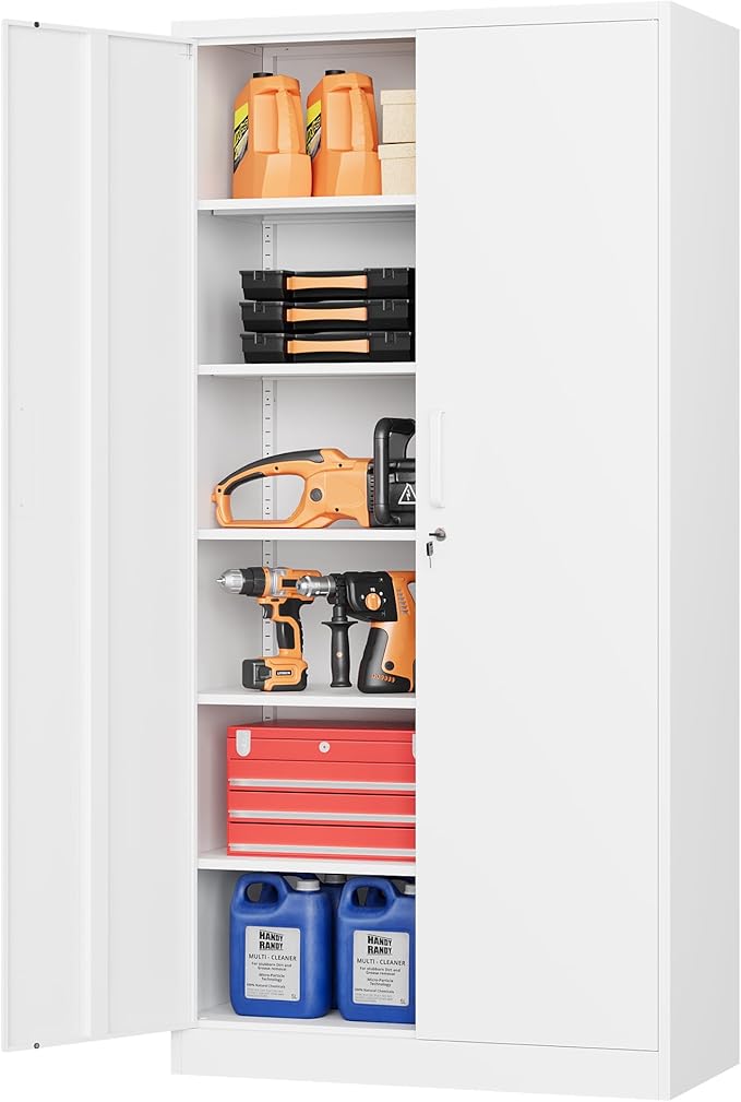 STANI Metal Garage Storage Cabinet with Lock, 71" Steel Lockable File Cabinet, Locking Steel Storage Cabinet with 5 Adjustable Shelves for Home, Office, Warehouse, Garage, School (White)