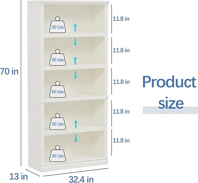 blini 5-Shelf Tall Bookcase White Wooden Bookshelves 33in Wide 5 Tier Bookcases with Adjustable Shelves Floor Standing Display Book Shelves 70 in Tall Bookcase for Home Office, Living Room, Bed Room