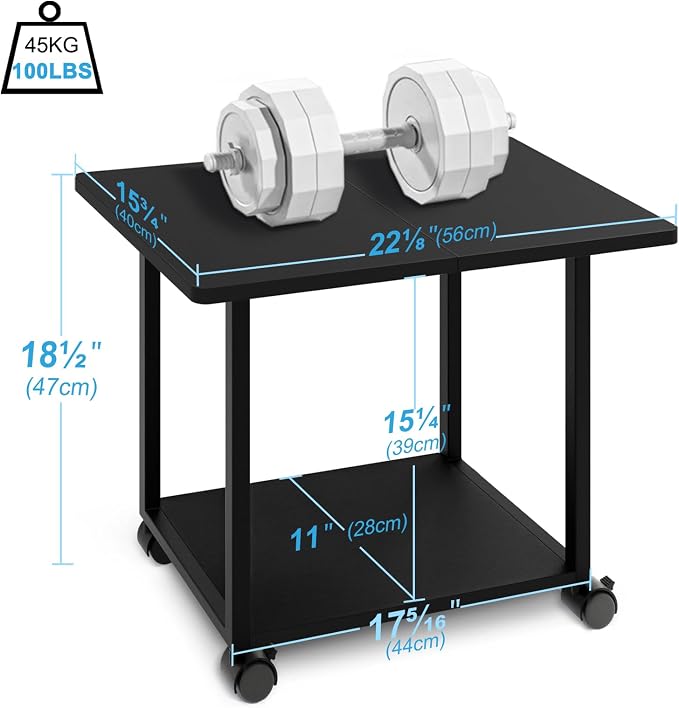 MARTY 22"x15.75" Large Under Desk Printer Stand with Storage Shelf 2-Tier Rolling Printer Cart with Wheels Printer Table for Home Office Heavy Duty Storage Rack for Scanner Fax Machine, Black