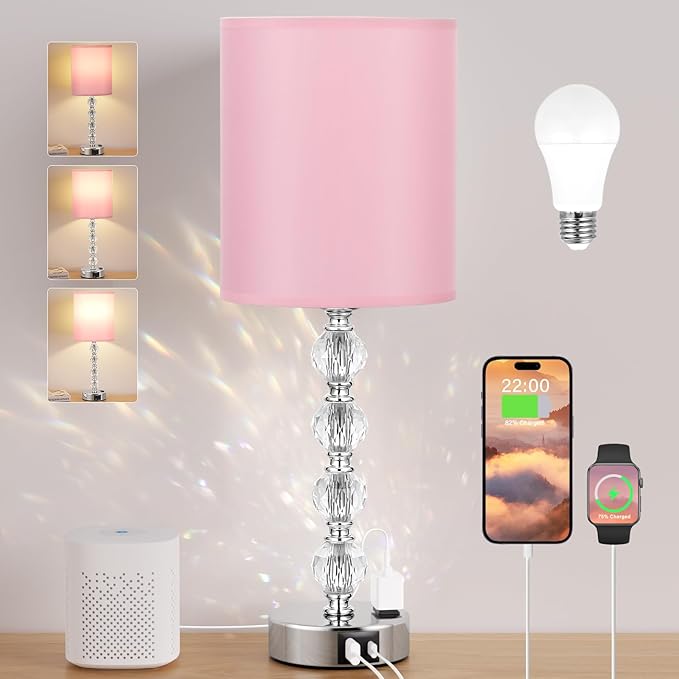 Touch Bedside Crystal Lamps for Bedrooms Nightstand with USB C+A Charging Port and AC Outlet White, 3 Way Dimmable Silver Large End Side Table Lamp for Living/Guest/Dinning Room/Kitchen