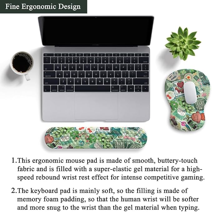 Mint Green Keyboard Wrist Rest Support Mouse Pad&Keyboard Set, Cute Green Ergonomic Mousepad Non-Slip Base Desk/Office Pain Relief&Easy Typing Pad with Neoprene Cloth&Raised Curved Memory Foam