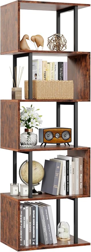 Furologee 6 Tier Bookshelf, Tall S Shaped Geometric Bookcase, Modern Display Shelf Standing Unit, Wood Metal Decorative Divider Rack for Living Room Bedroom Office, Rustic Brown