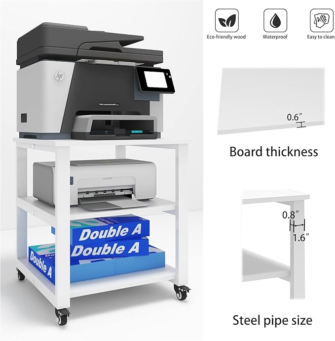 Natwind 3-Tier Laser Printer Cart,19.7''x19.7''x22.6'' Large Machine Stand,Heavy Duty Rolling Table with Storage,Floor-Standing Rack on Wheels,Paper File Organizer Shelf for Home Office (White)