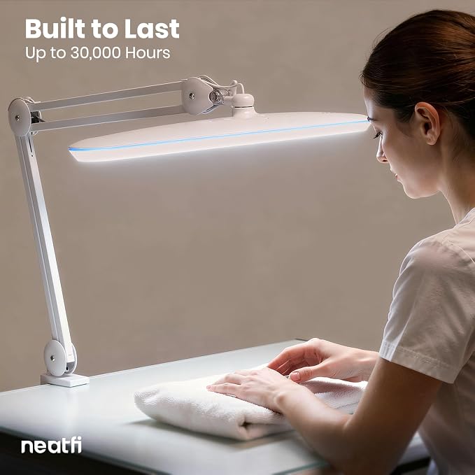 Neatfi XL 2,200 Lumens 24W LED Desk Lamp – 23” Wide Shade | Dimmable Eye-Caring Task Light | Adjustable Arm | Home Office, Study, Crafts & Nail Tech (White, Non-CCT with Clamp)