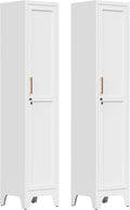 67"H White Metal Locker with 1 Lockable Door and 4 Adjustable Shelves For Employees, 5 Tier Thin Storage Cabinet with Detachable Legs and Gold Handle for Kitchen,Office,Gym,School,Easy Assembly 2Pcs