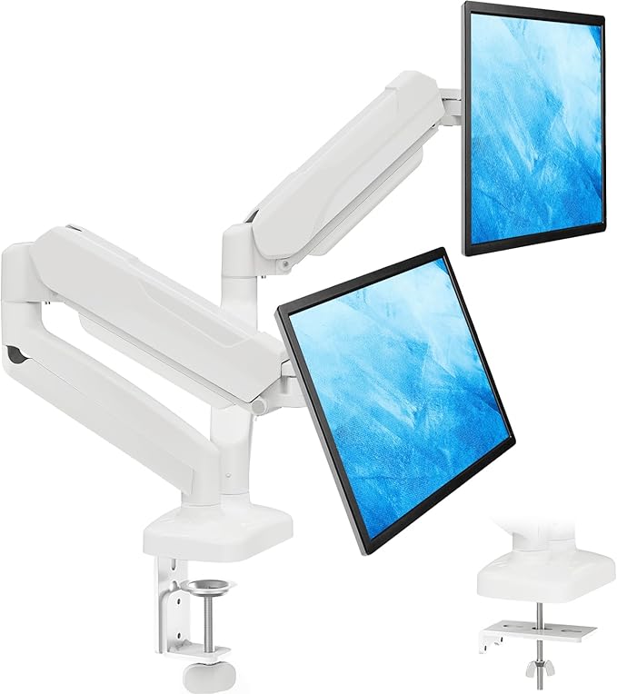 MOUNTUP Dual Monitor Stand for Desk, Monitor Arms for 2 Monitors Max 32 Inches, Height Adjustable Double Monitor Mount, VESA Mount with C-Clamp & Grommet Base, Holds 4.4-17.6lbs, White