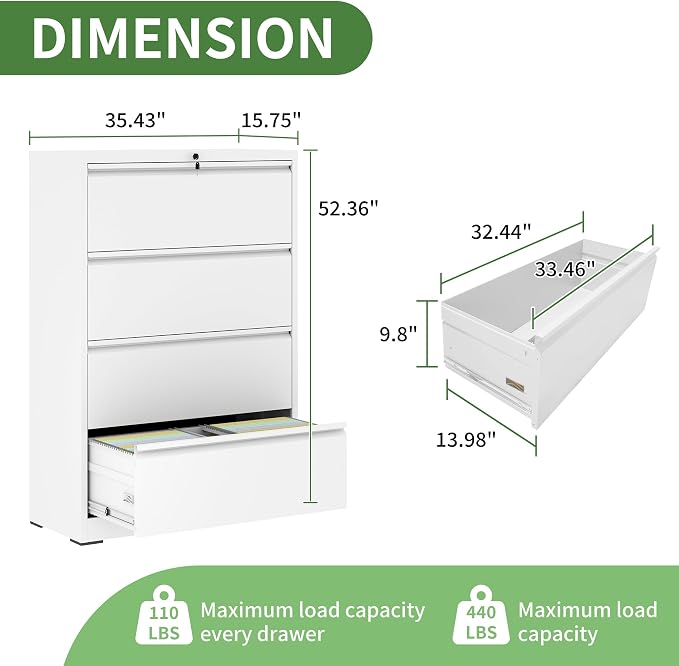 Metal Lateral File Cabinets with Lock,4 Drawer Filing Cabinets for Home Office,Storage Cabinets for Hanging Files Letter/Legal/F4/A4 (White)