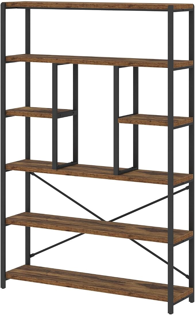 LVB Rustic Bookcases and Book Shelves, Metal Wood 6 Tier Bookshelf and Book Rack Storage, Industrial Vertical Display Etagere Book Case 6 Shelf, Vintage Large Book Shelf for Bedroom Living Room, Brown