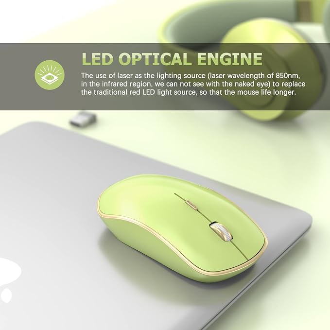 JOYACCESS J 2.4G Slim Wireless Silent Mouse - Portable Wireless Computer Mouse with 5 Adjustable DPI Levels, USB for Desktop, Notebook, MacBook, Chromebook, PC (Light Green)