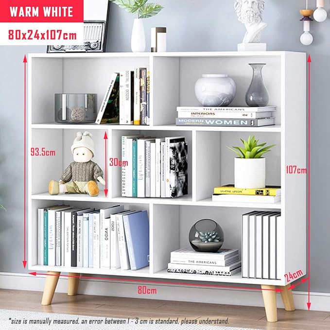 IOTXY Wooden Open Shelf Bookcase - 3-Tier Floorstanding Display Cabinet Rack with Legs, 7 Cubes Free Standing Bookshelf, Warm White