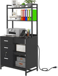 Livofloral File Cabinet with Charging Station, 3 Drawer Filing Cabinet with Bookshelf, Large Printer Stand with Open Storage Shelves for Home Office, Locking File Cabinets Fits Letter/A4 Size, Black