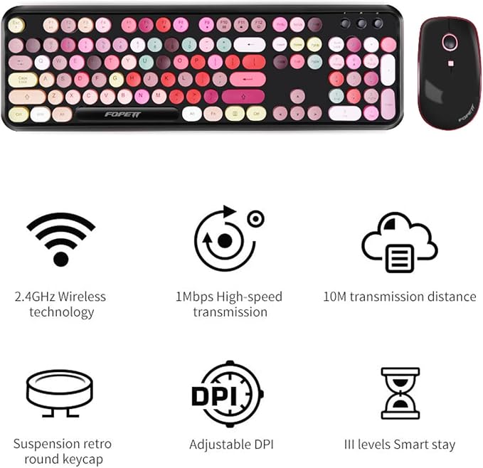Wireless Keyboard and Mouse Combo, 2.4 GHz Full-Sized Typewriter Keyboard and Mouse Wireless with Round Keycaps for Windows, Computer, Desktop, PC, Laptop (New BlackColorful)