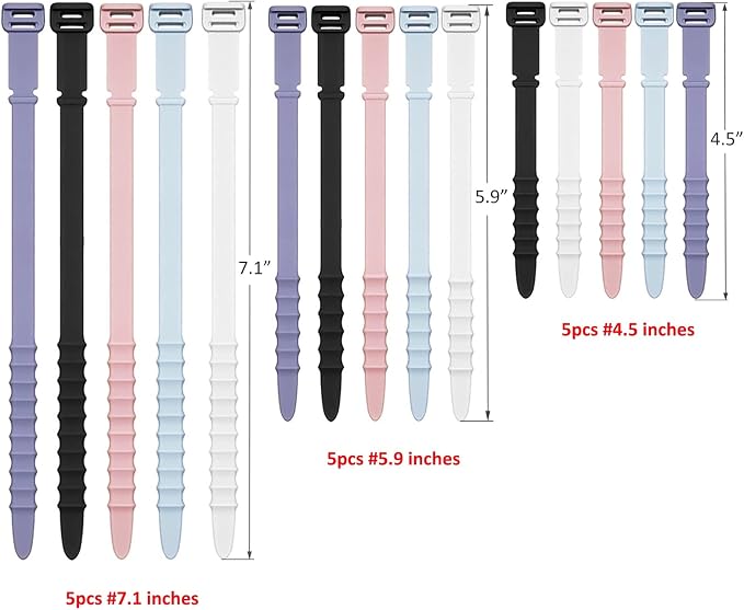 Silicone Zip Ties, Reusable Zip Ties, Rubber Cable Ties Straps for Wire Management, Elastic Silicone Ties Cable Organizer for Home Office, Cord Ties Three Sizes 4.5" 5.9" and 7.1"(5+5+5Pcs Multicolor)