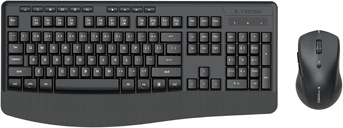 Wireless Keyboard and Mouse Combo, E-YOOSO 2.4GHz Full Sized Ergonomic Wireless Keyboard with Wrist Rest, 3 DPI Adjustable and 6 Buttons Cordless USB Mouse for Computer, Laptop, PC, Windows (Black)