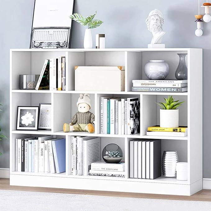 IOTXY Open Shelf Low Bookcase - Wooden 3-Tier Floor Standing Display Cabinet Organizer with Base, 10 Cubes Short Horizontal Bookshelf in Warm White