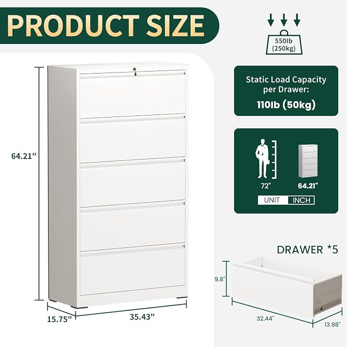 5 Drawer Lateral File Cabinet with Lock, File Cabinets for Home Office Legal/Letter A4 Size, File Cabinet Storage Cabinet, Require Assembly, White
