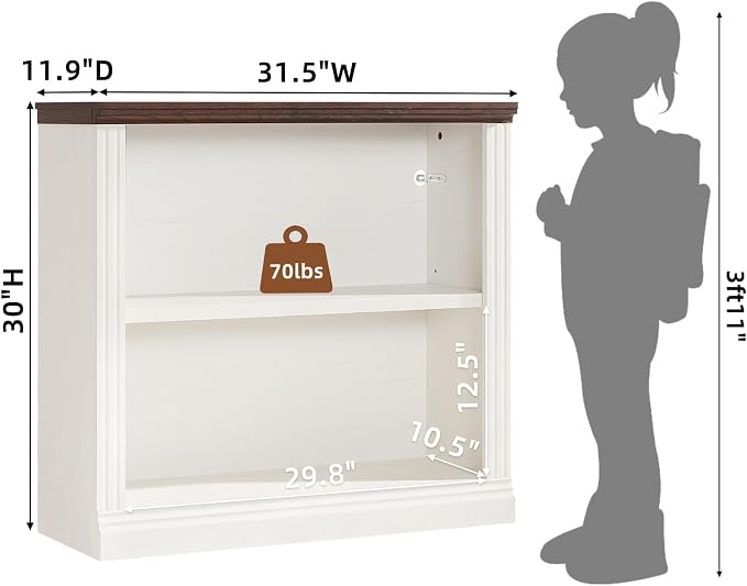 RWYHG 30" White Bookshelf Set of 2,2-Tier Thick Wood Book Shelf with Adjustable Shelve,Free Standing Farmhouse Bookcase with Open Display Storage,Floor Vintage Bookshelves for Living Room,Office