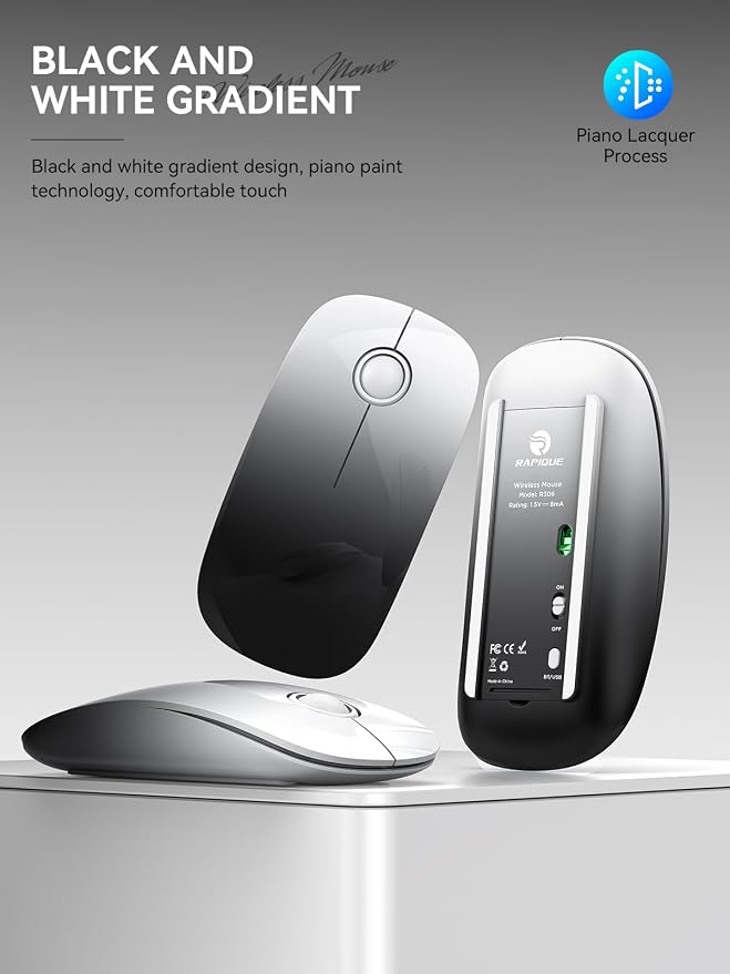RAPIQUE Bluetooth Wireless Mouse - (BT5.1+USB) Dual Connectivity, Quiet Click, Low Power, and 1600 DPI, Portable Cordless Mouse for Laptop, MacBook Pro/Air, iPad (White to Black)