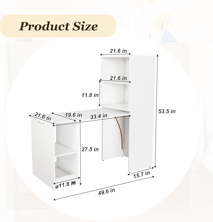 Foldable Expandable Desk Cabinet with Storage Shelves, Rolling Caster Base, Magnetic Closure, Retractable Workstation Unit for Small Spaces, Home Office Study Writing Table Organizer (White)