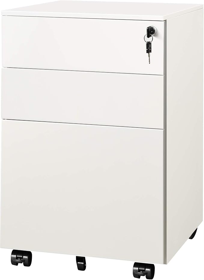 DEVAISE 3 Drawer Rolling File Cabinet, Locking Filing Cabinet for Home Office, Fully Assembled Under Desk Cabinet, White