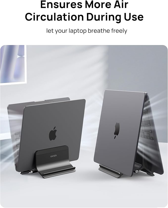SODI Vertical Laptop Stand Holder for Desk Compatible with MacBook Air, MacBook Pro Stand Vertical Aluminum Up to 17 inch, Gravity Auto-Lock Cooling, 3-in-1 Space Saving Desk Organizer Accessories