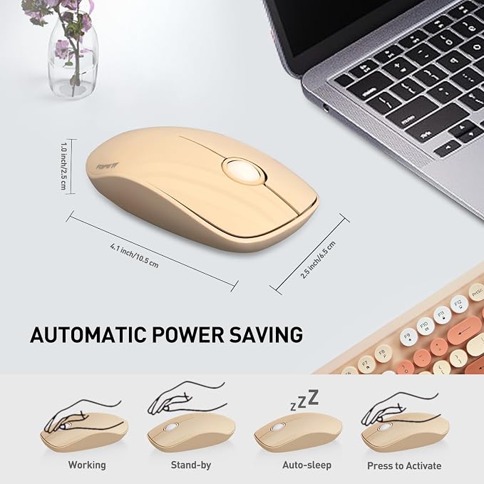FOPETT Wireless Keyboard and Mouse Combo, 105 Keys Full-Sized 2.4 GHz Round Keycap Colorful Keyboards, USB Receiver Plug and Play, for Windows, Mac, PC, Laptop, Desktop (Milkteacolorful)