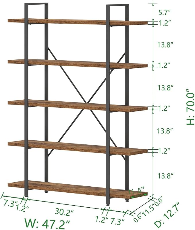 HSH Rustic Bookcases and Book Shelves 5 Shelf, Metal Wood 5 Tier Bookshelf and Storage Book Rack, Vintage Large Book Shelf for Bedroom Living Room Office,Open Vertical Display Etagere Book Case, Brown