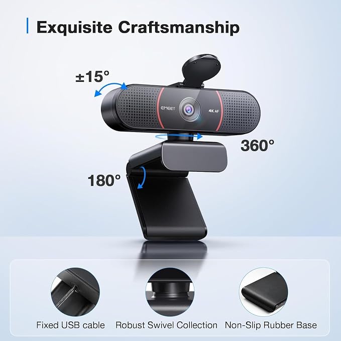 EMEET C960 4K Webcam with Tripod, 4K UHD Sony Sensor, 3 Adjustable Height Mini Tripod w/Privacy Cover, PDAF Auto Focus, Dual Noise-Cancelling Mics, Auto Light Correction, Perfect for Online Meetings