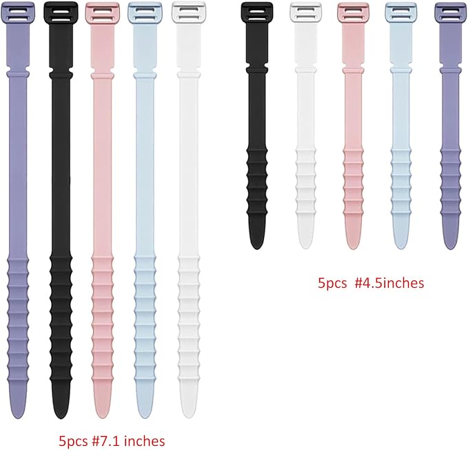 Silicone Zip Ties, Reusable Zip Ties, Rubber Cable Ties Straps for Wire Management, Elastic Silicone Ties Cable Organizer for Home Office, Multicolor Cord Ties in Two Sizes 4.5" and 7.1" (5+5 Pcs)
