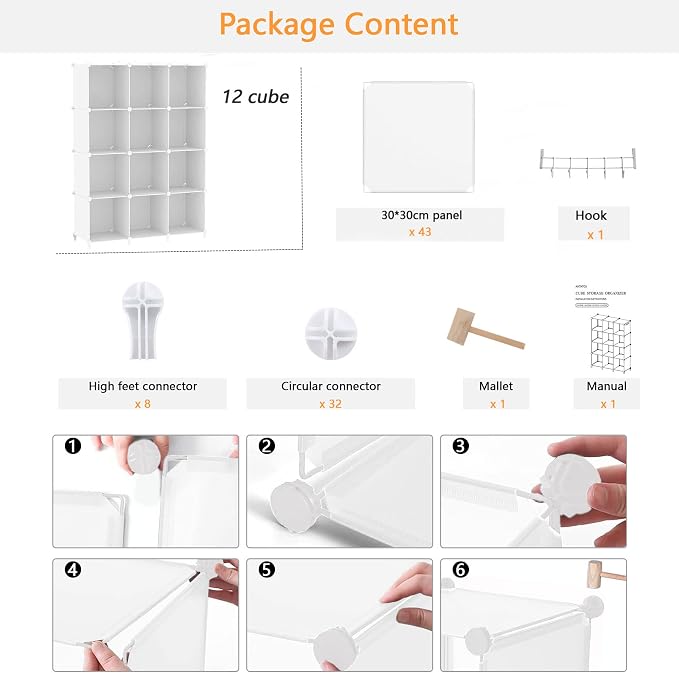 AWTATOS Cube Storage Organizer Storage 12 Cube Bookshelf DIY Plastic Closet Clothes Storage Shelves with Wooden Mallet, Stackable Storage Solution for Home, Bedroom, White