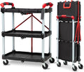 PioneerWorks Folding Utility Service Cart, Collapsible Cart with Wheels, 3 Tier Rolling Utility Cart, Folding Cart with Wheels Collapsible, Service Cart for Tool, Grocery, Bar, Garage, Kitchen, Office