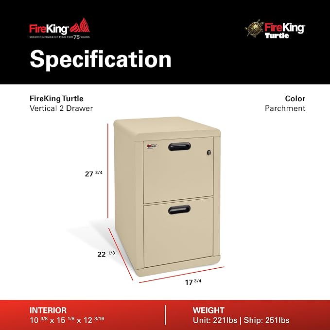 FireKing Turtle Contour - 2 Drawer Fire Safe File Cabinet with Key Lock - 1 Hour Fire Rated, UL Rated & Water Resistant Home Safe - Made in the USA Legal & Letter Filing Cabinet - Parchment