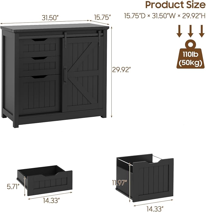 Vabches Lateral File Cabinets with Adjustable Shelf, Farmhouse Filing Cabinet for Home Office, Filing Organization Storage Cabinets with Sliding Barn Door for Hanging Files Letter/A4,Black