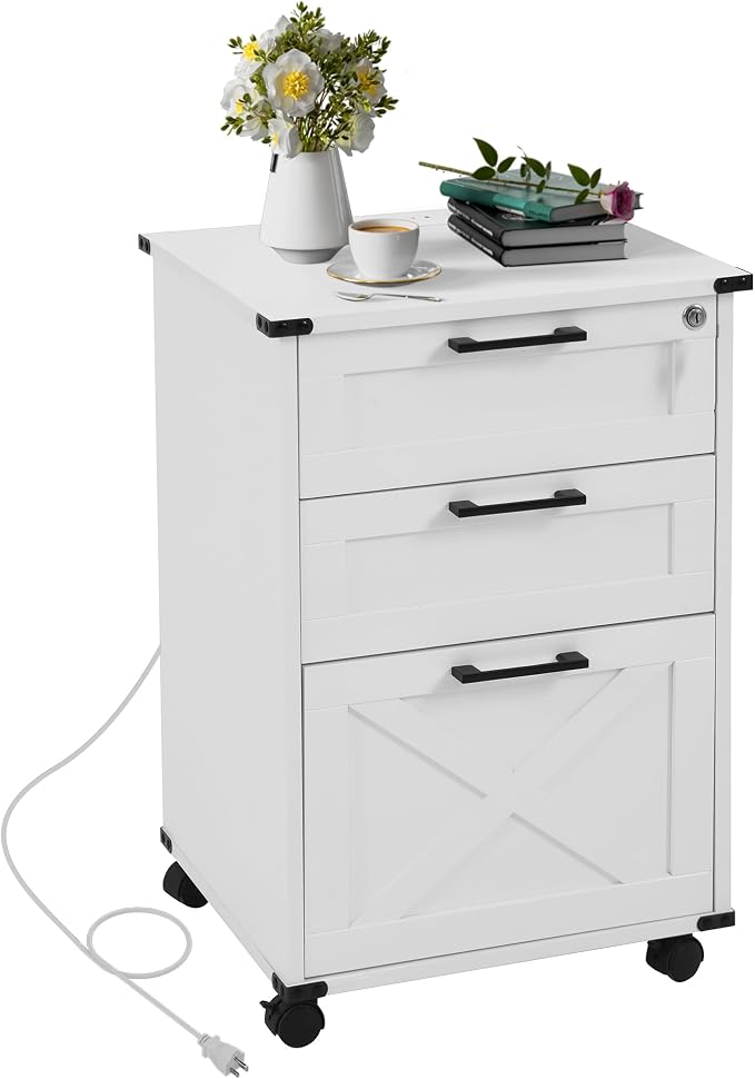 Onelike Small Wood File Cabinet with Lock, Nightstand with Charging Station, 3 Drawer Under Desk Lateral Filing Cabinets for Home Office, Printer Stand with Storage, White