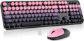 Wireless Keyboard and Mouse Combo, MOWUX Full Size Typewriter Retro Round Computer Keyboard, Cute Optical Mouse Wireless, Plug and Play, for Laptop, PC, Computer- Plum Pink Gradient