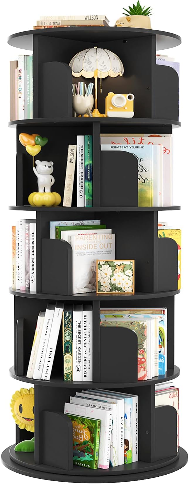 Aheaplus Rotating Bookshelf, 360 Display Wood Spinning Bookshelf Tower, 5 Tier Floor Standing Bookcase Storage Rack, Revolving Bookcase Corner Bookshelf for Small Space, Bedroom, Study Room, Black