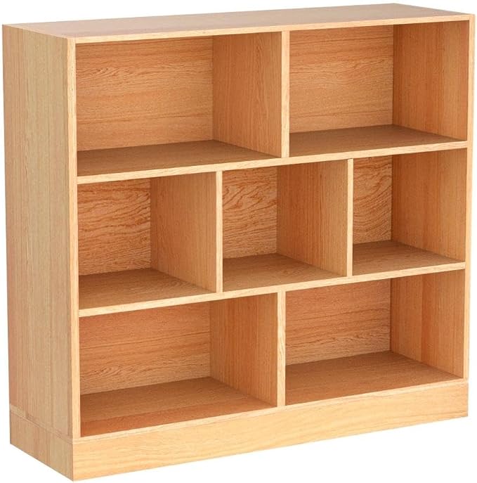 IOTXY Open Shelf Low Bookcase - Wooden 3-Tier Floor Standing Display Cabinet Organizer with Base, 7 Cubes Short Horizontal Bookshelf in Pear Yellow