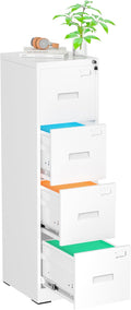 Pataku 4 Drawer File Cabinet with Lock, Sturdy Metal Vertical Filing Cabinets for Home Office, Under Desk Paperwork Storage Fully Extendable Slides Letter Legal A4 Size 18x15x52 Inches, White