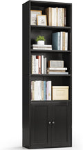 Casaottima Bookshelf and Bookcase with Doors, Floor Standing 6-Tier Shelf Display Storage Shelves, Tall Bookcases for Home Office, Living Room, Black