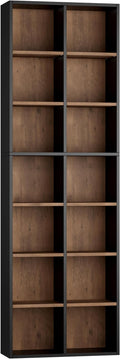 FOTOSOK 71'' Tall Bookshelf with 14 Cubes, 7 Tier Double Wide Wood Bookshelf with 6 Adjustable Shelves, 19.6" Narrow Bookcase DVD/CD Media Storage, Space Saving Display Shelf Cabinet, Black/Brown