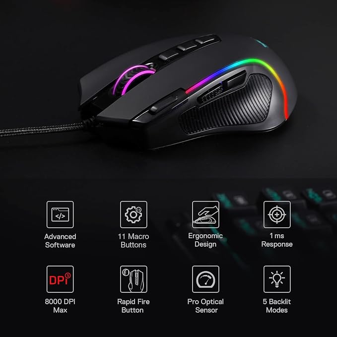 Redragon M612 Predator RGB Gaming Mouse, 8000 DPI Wired Optical Mouse with 11 Programmable Buttons & 5 Backlit Modes, Software Supports DIY Keybinds Rapid Fire Button