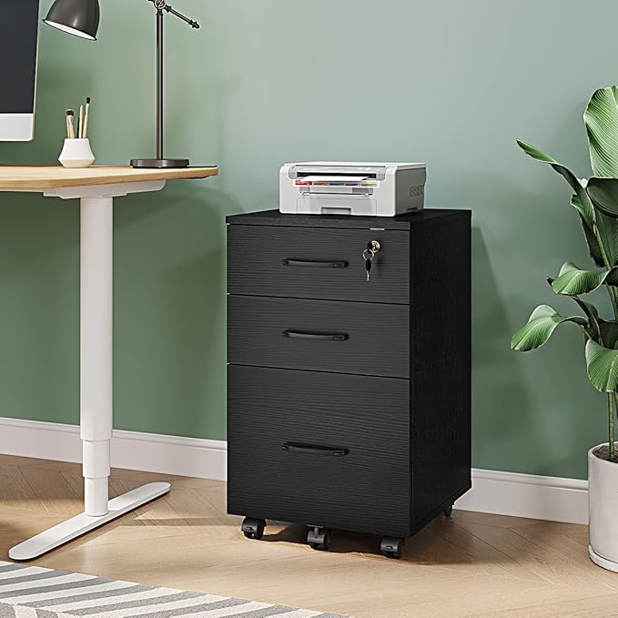 Panana 3 Drawer Wood Mobile File Cabinet, Under Desk Storage Drawers Small File Cabinet for Home Office (Black)