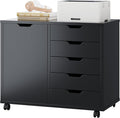DUMOS 5 Drawer File Cabinet Office Drawers Organizer with Wheels, Under Desk Cabinets with Shelves and Door Printer Stand with Wood Board Metal Frame for Home Office Storage Craft Room, Classic Black